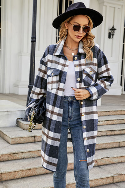Plaid Button Up Collared Neck Coat with Pockets