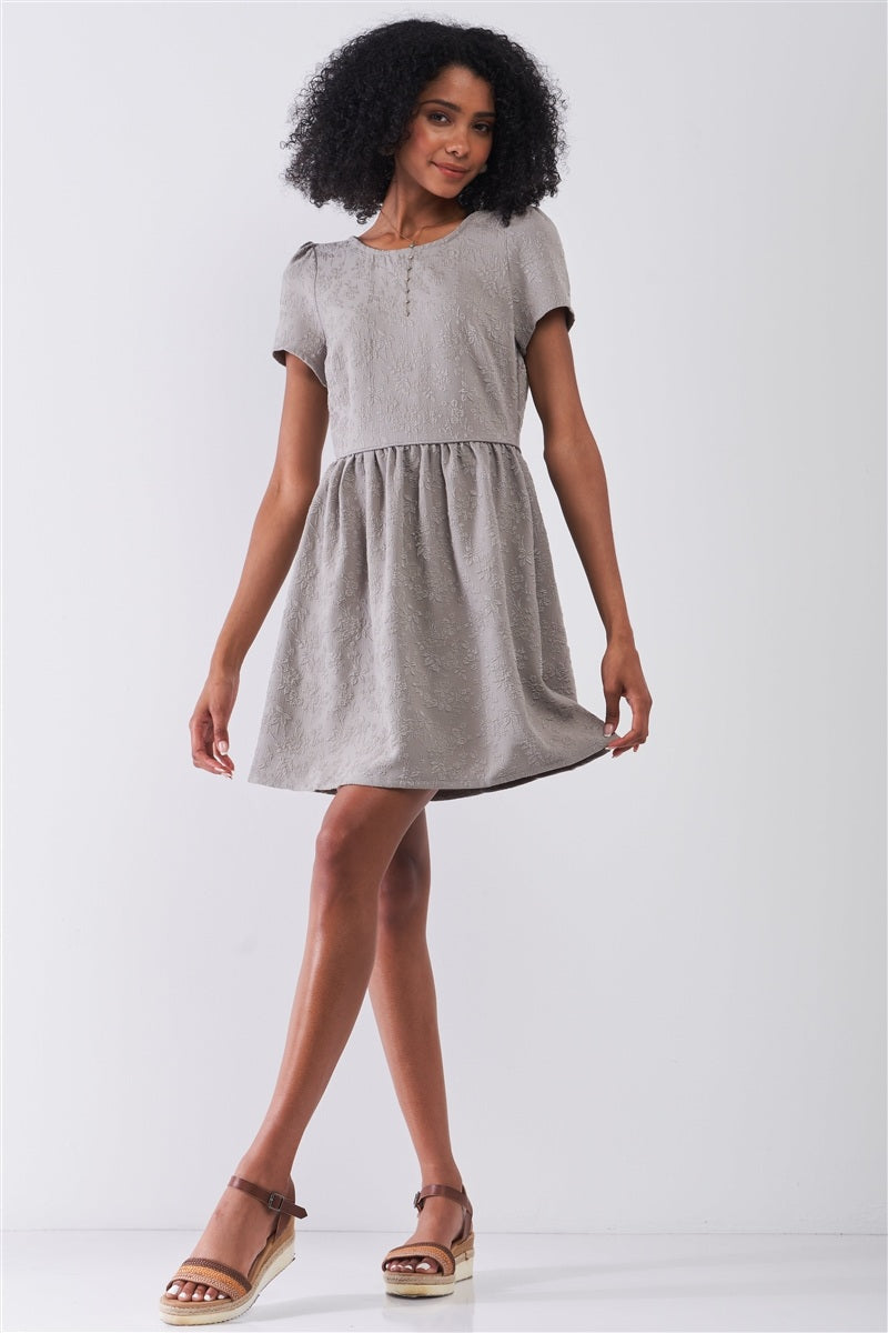 Silver Grey Floral Embroidery Round Neck Short Sleeve Mini Dress