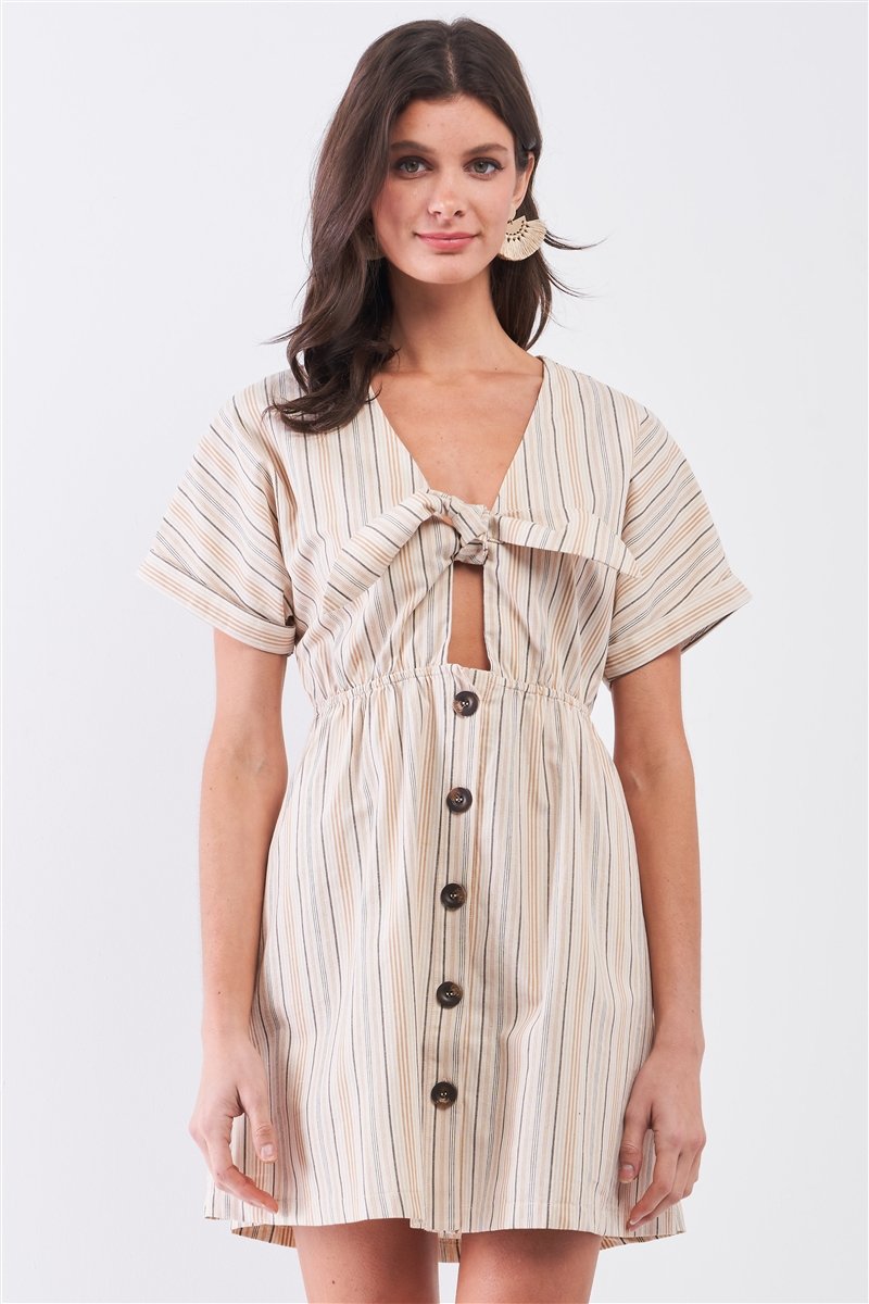 So 90s! Striped Self-tie Front Detail Short Sleeve Button Down Mini Shirt Dress