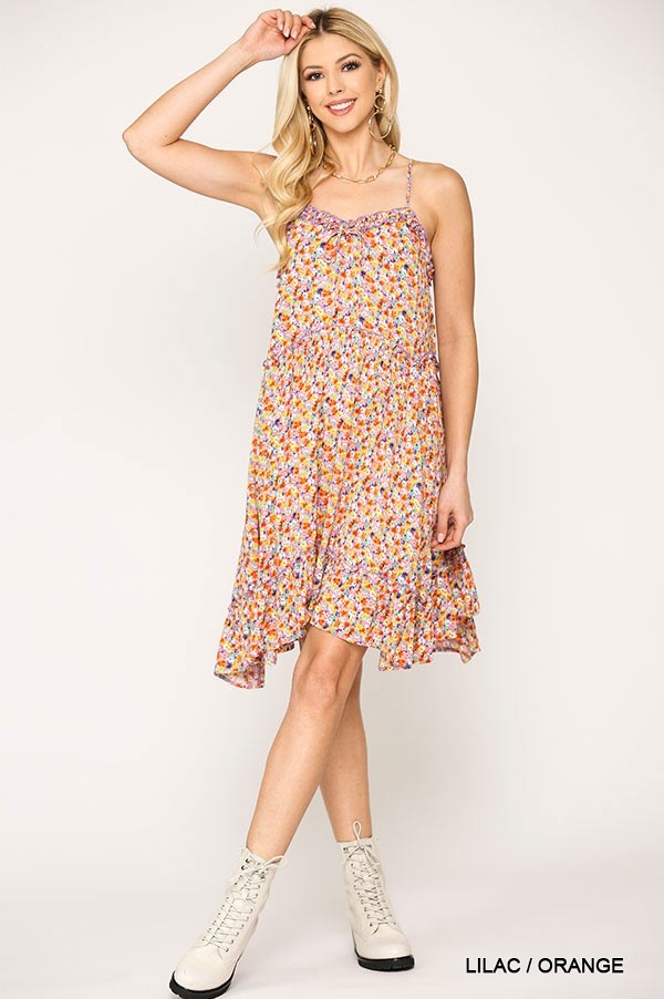 Ditsy Floral Print Sleeveless Dress With Lace Trim