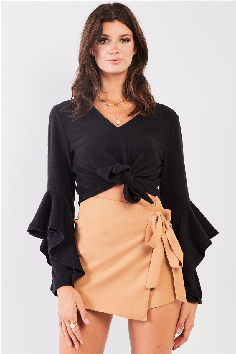 Fuzzy long ruffle sleeve v-neck self-tie front detail cropped top