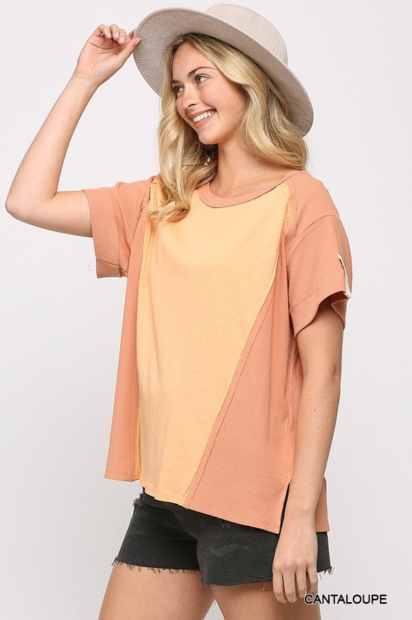 Ribbed And Solid Mixed Raw Edge Top
