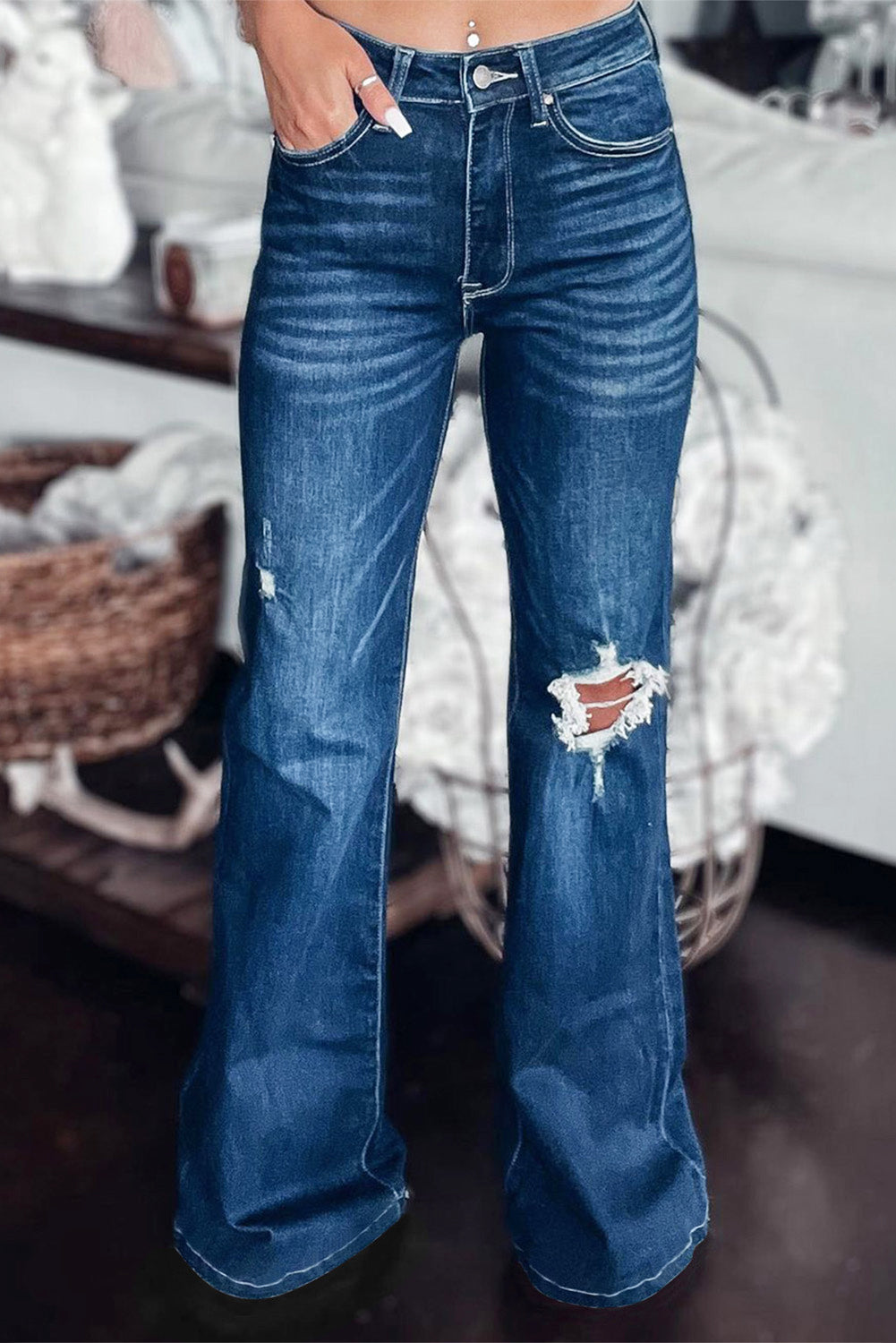 Ophelia Open Knee Distressed Flare Jeans